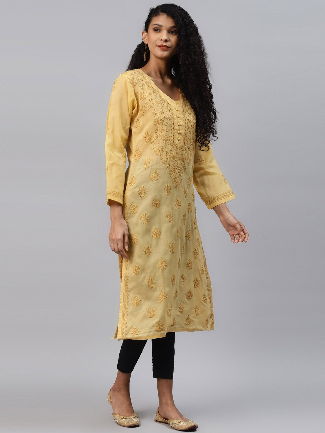 Ada Hand Embroidered Fawn Cotton Lucknowi Chikankari Straight Kurta Set A811203
