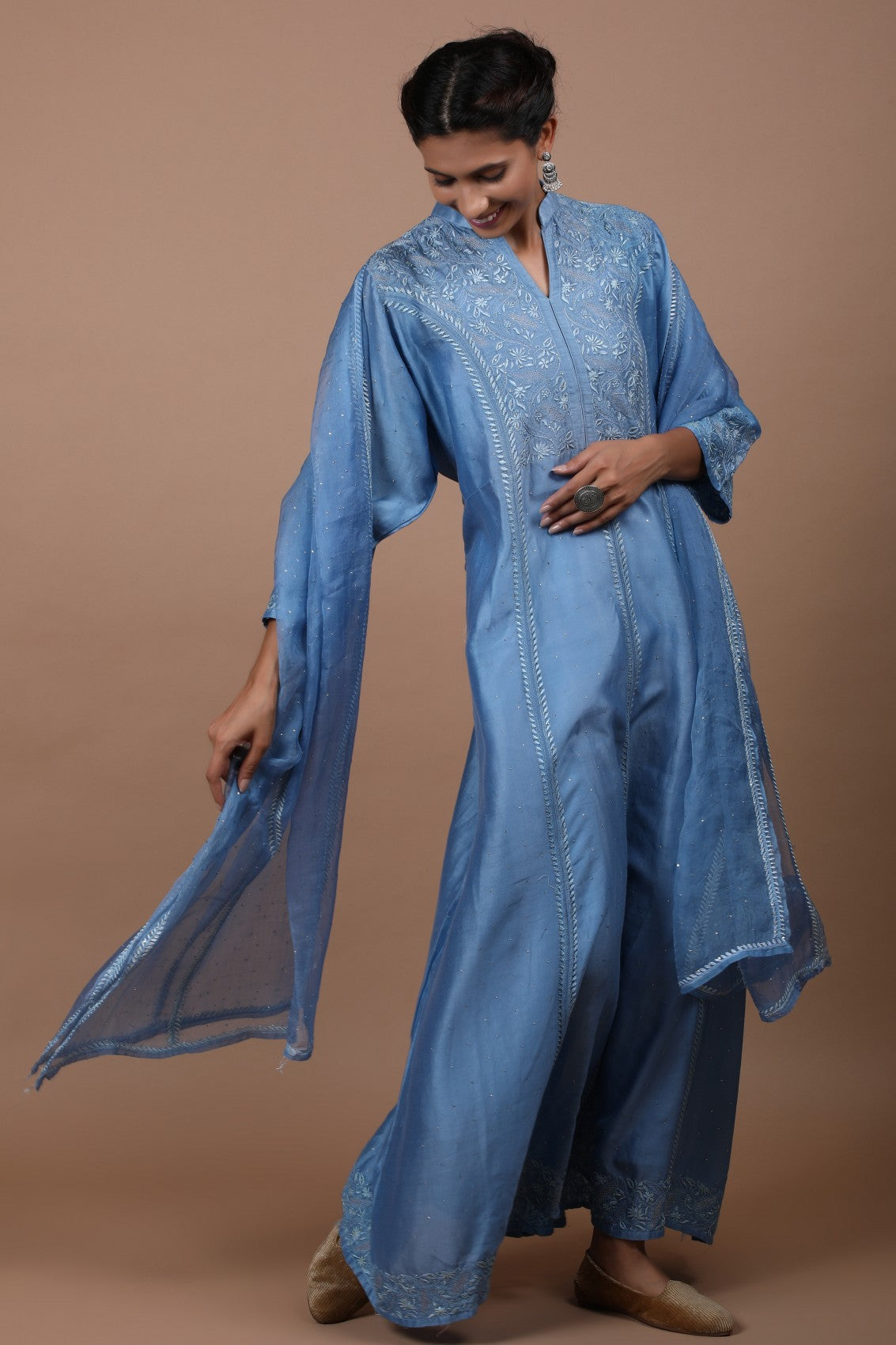 Ada Hand Embroidered Sapphire Blue Chanderi Lucknowi Chikankari Semi-Stitched Anarkali Kurta Dupatta Set With Muqaish Work A623456