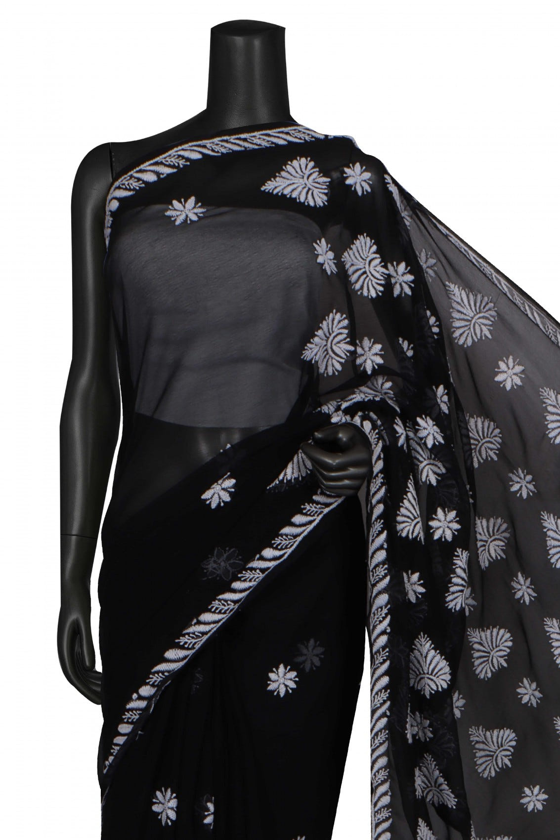 Ada Hand Embroidered Black Georgette Lucknowi Chikankari Saree With Blouse A564485