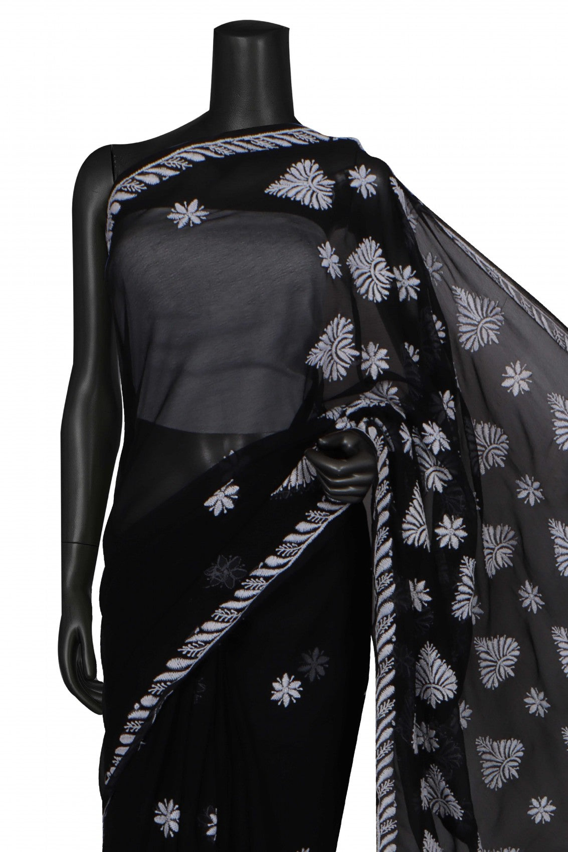 Ada Hand Embroidered Black Georgette Lucknowi Chikankari Saree With Blouse A564485