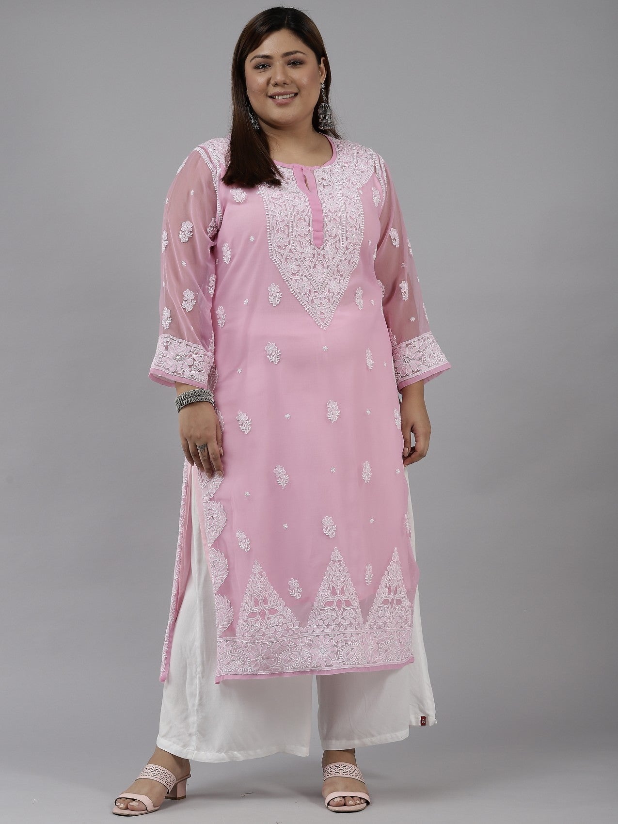 Ada Hand Embroidered Onion Pink Georgette Lucknowi Chikankari Straight Kurta With Slip A411197