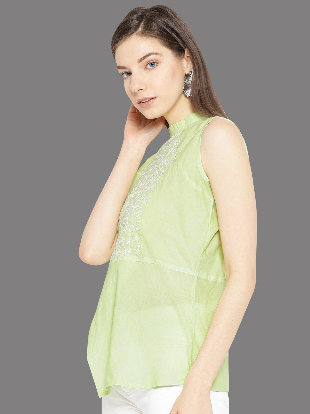 Ada Hand Embroidered Green Cotton Lucknow Chikan Top-A100077