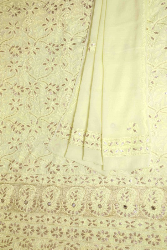 Ada Hand Embroidered Lemon Georgette Lucknowi Chikan Unstitched Kurta Dupatta Set With Gota Patti Work- A613195