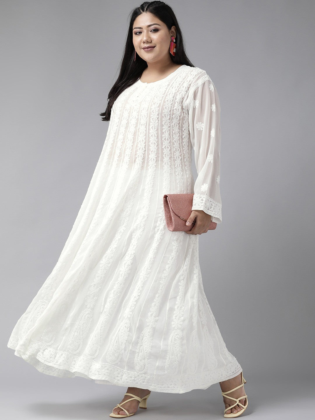 Ada Hand Embroidered White Georgette Lucknow Chikankari Anarkali A-Line Kurta A100300