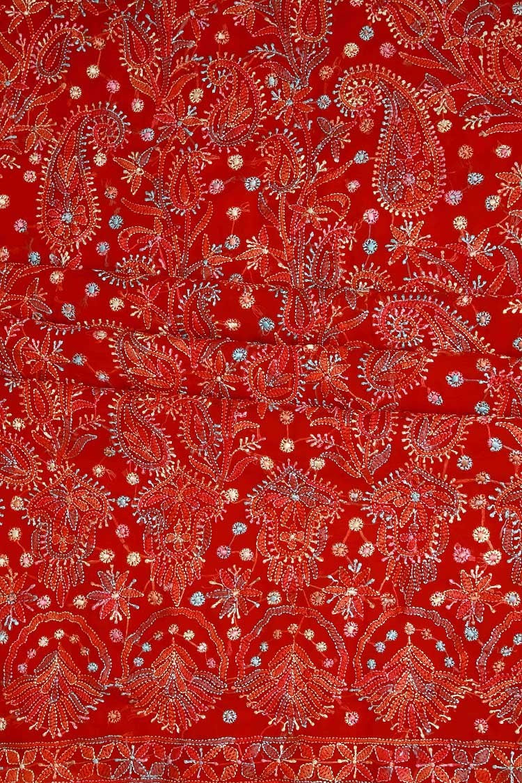 Ada Hand Embroidered Red Georgette Lucknowi Chikankari Unstitched Suit Piece A211176