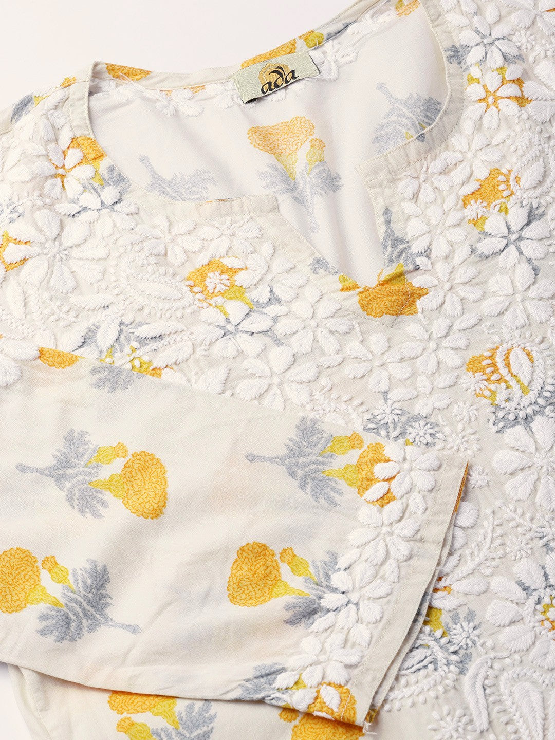 Ada Hand Embroidered Fawn Yellow Cotton Lucknow Chikankari Kurta- A100027
