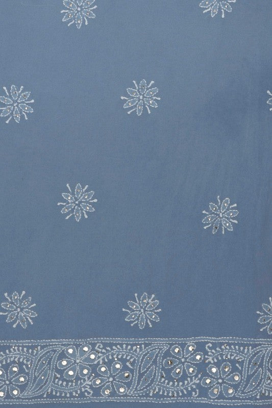 Ada Hand Embroidered Aegean Blue Pure Georgette Lucknowi Chikan Unstitched Kurta Dupatta With Muqaish Work- A608012