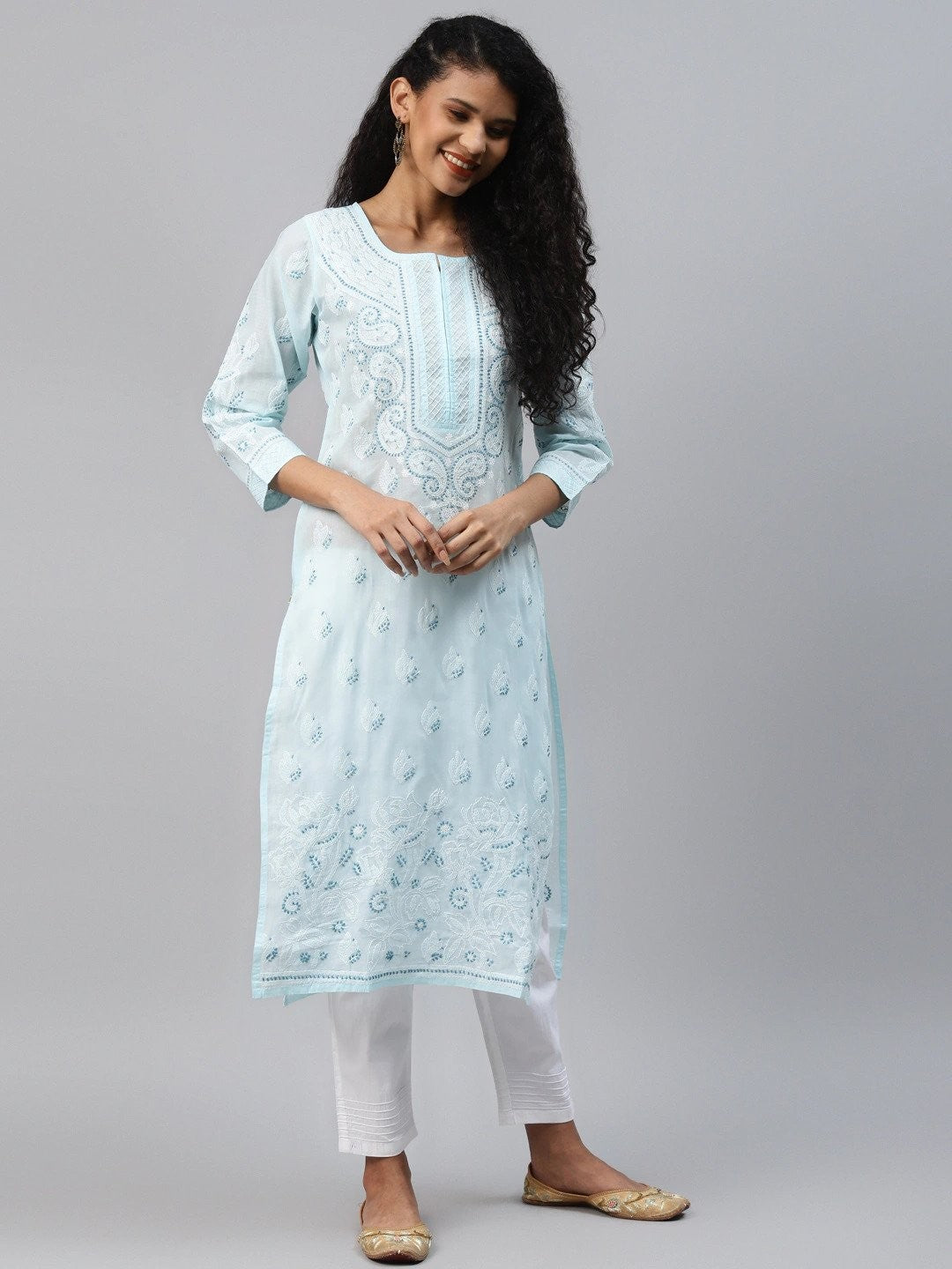 Ada Hand Embroidered Blue Cotton Lucknowi Chikankari Straight Kurta Set A811201