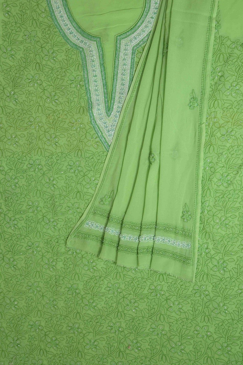 Ada Hand Embroidered Green Pure Georgette Lucknowi Chikan Unstitched Kurta Dupatta Set With Pearl Work-A279695