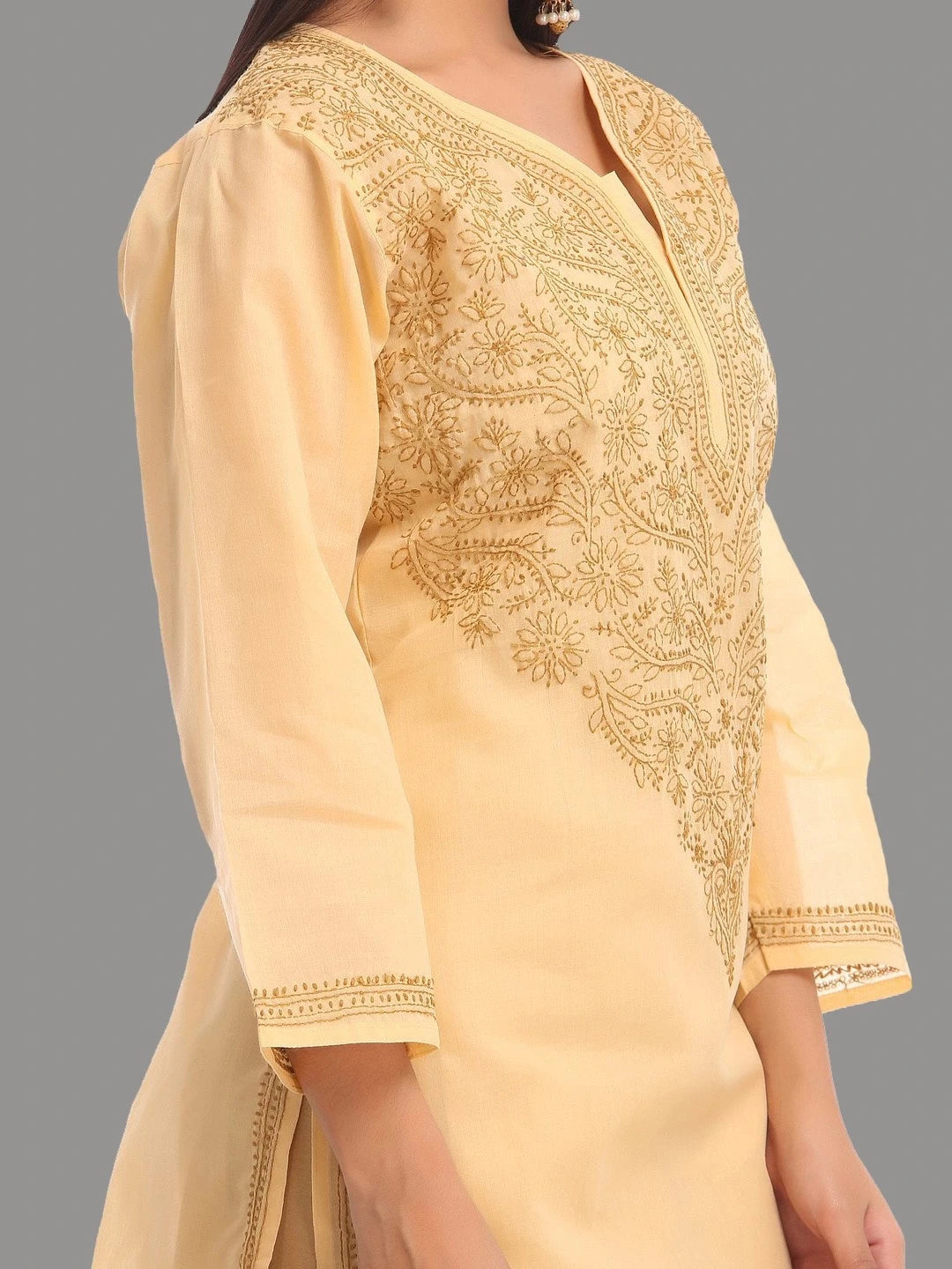 Ada Hand Embroidered Fawn Cotton Lucknowi Chikankari Straight Kurta A227141