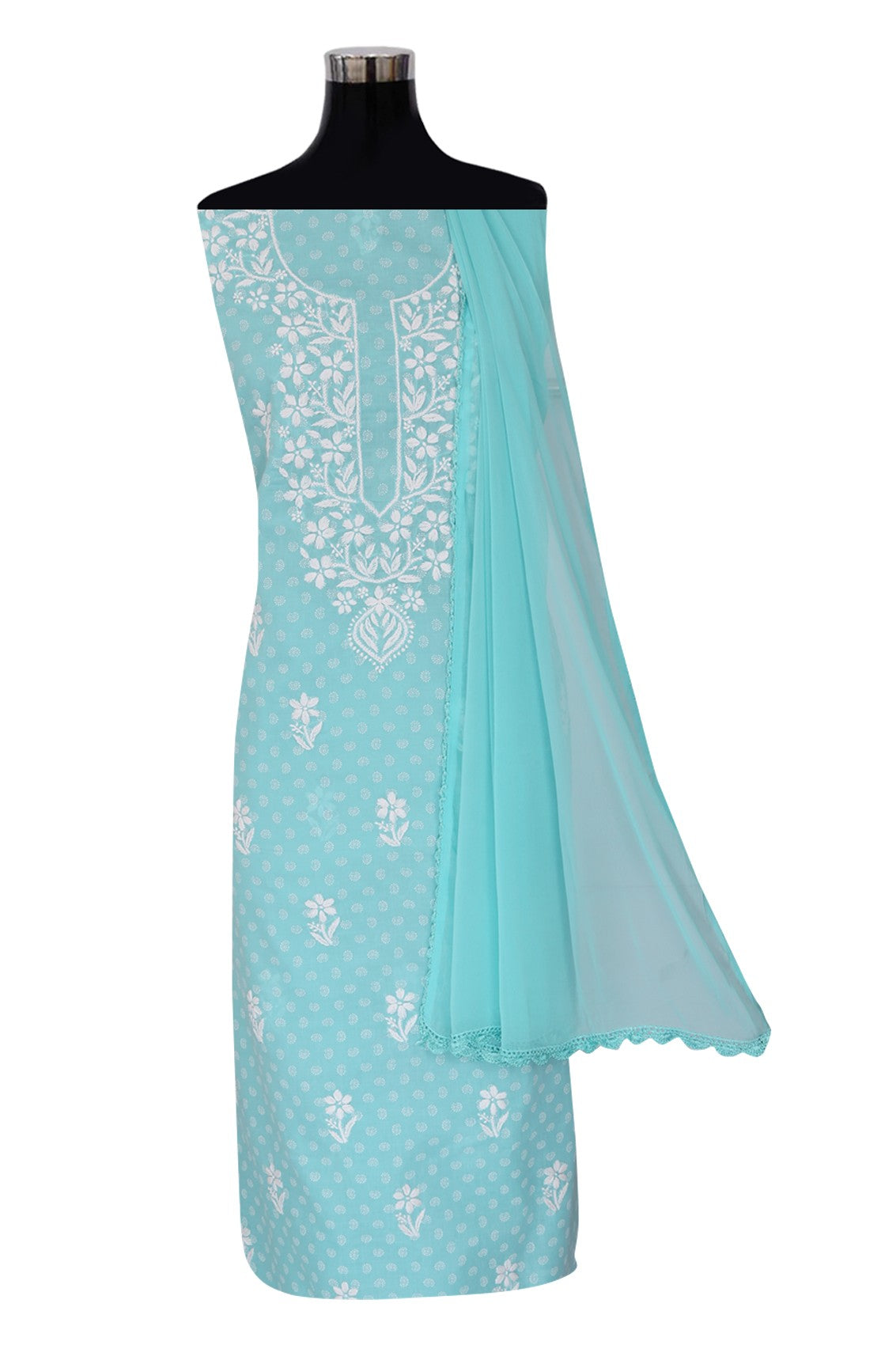 Ada Hand Embroidered Blue Cotton Lucknowi Chikankari Unstitched Suit Piece A211231