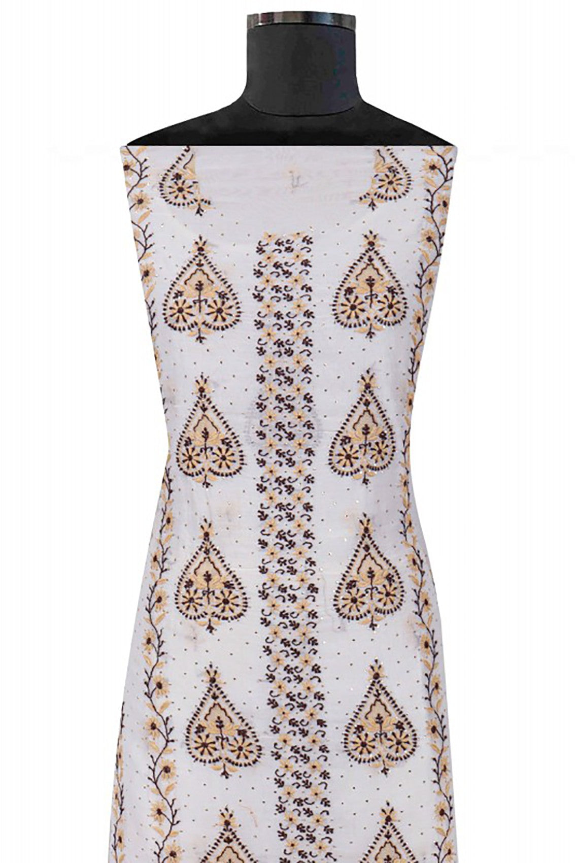 Ada Hand Embroidered Cream Chanderi Lucknowi Chikankari Unstitched Kurta Dupatta Set With Muqaish Work A570898
