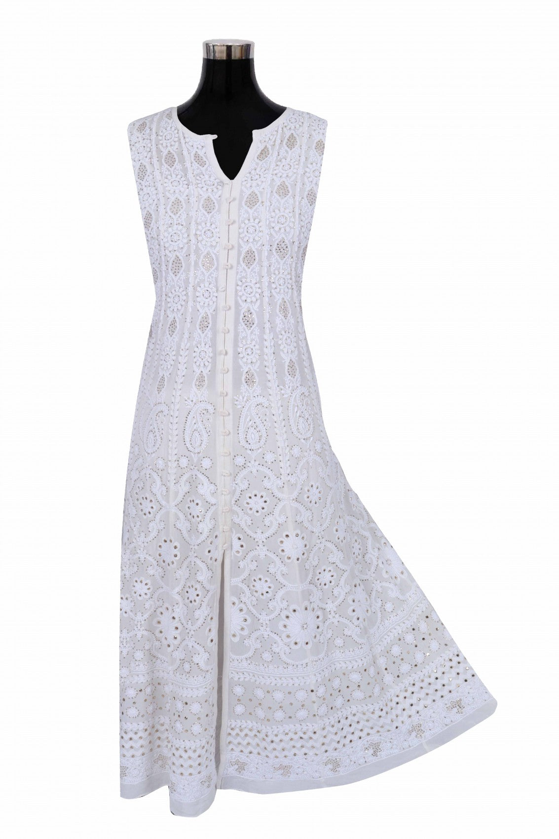 Ada Hand Embroidered Off White Pure Georgette Lucknowi Chikankari Semi-Stitched Anarkali Kurta Dupatta Set With Muqaish Work 01A132506