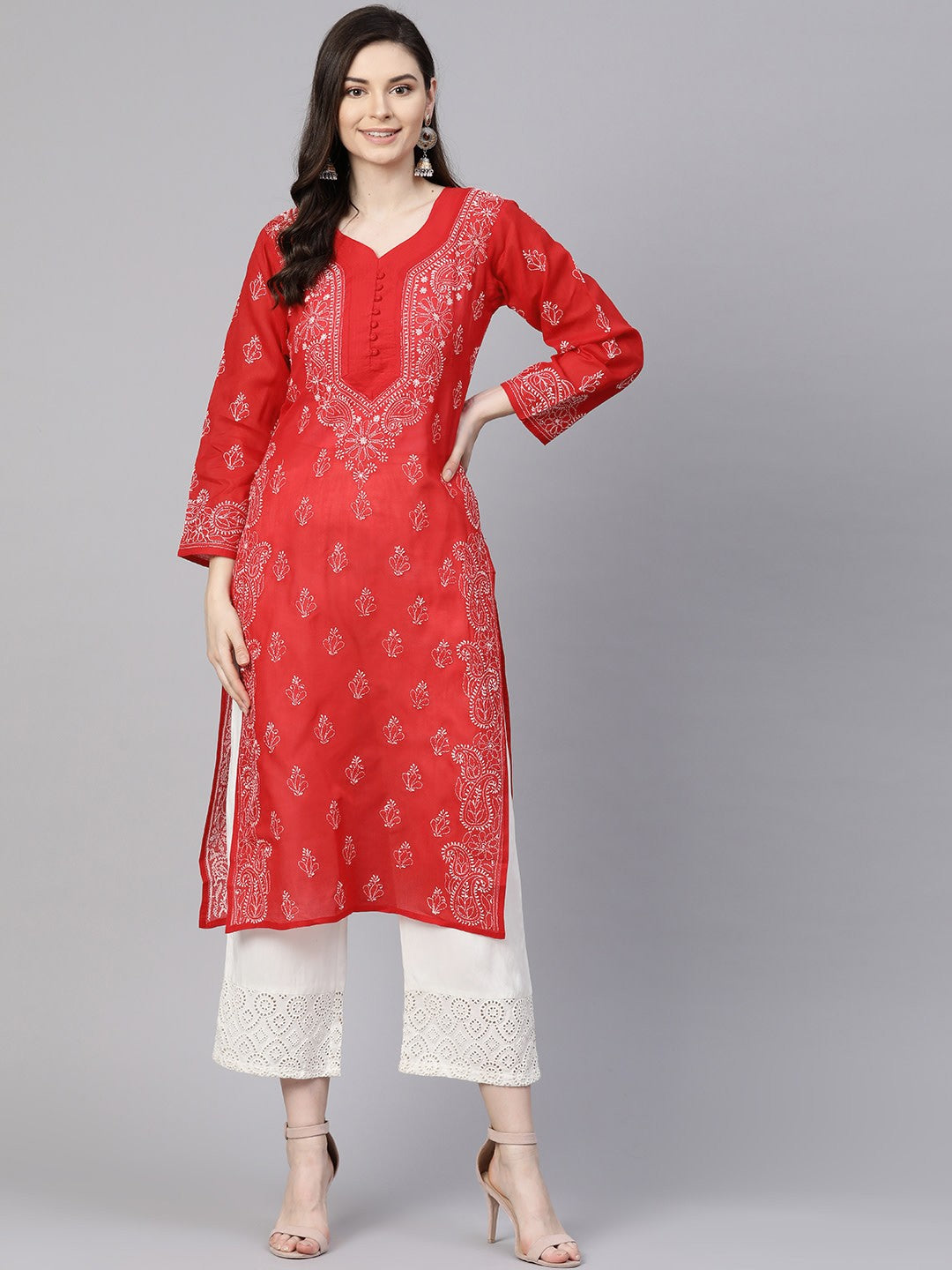 Ada Hand Embroidered Red Cotton Lucknowi Chikankari Straight Kurta A100358