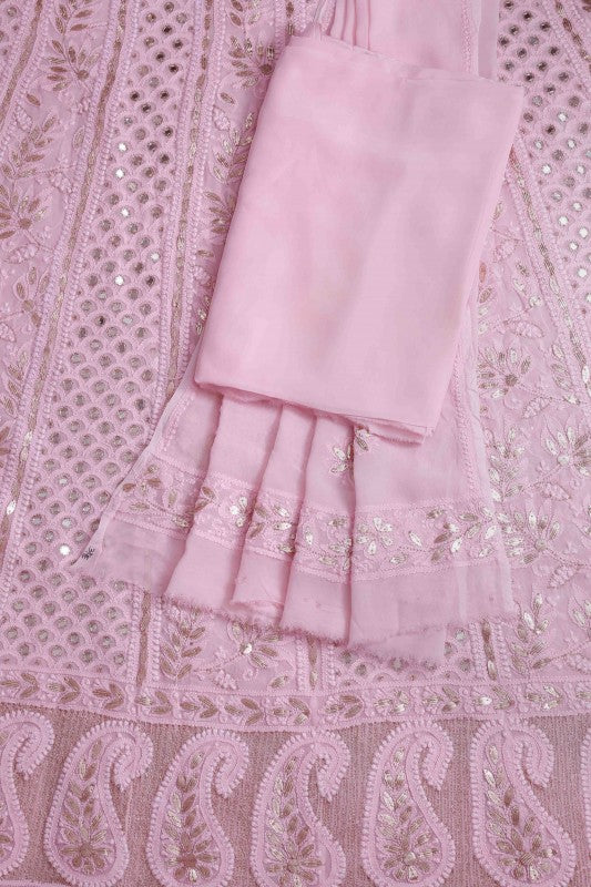 Ada Hand Embroidered Pink Georgette Lucknowi Chikankari Semi-stitched Anarkali Set With Gotapatti work – A610944