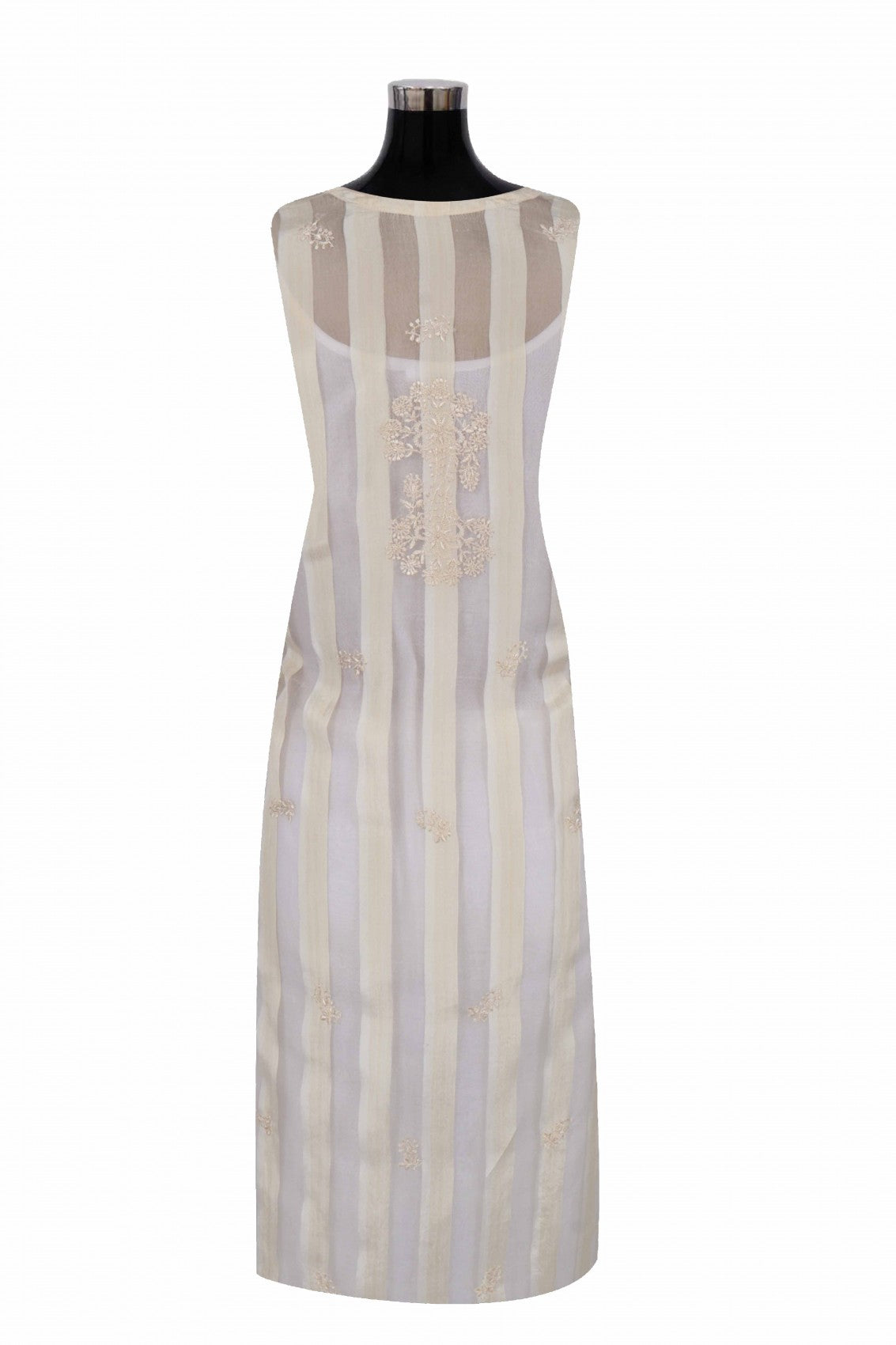 Ada Hand Embroidered Cream Silk Lucknowi Chikan Semi stitched Kurta Piece A623429