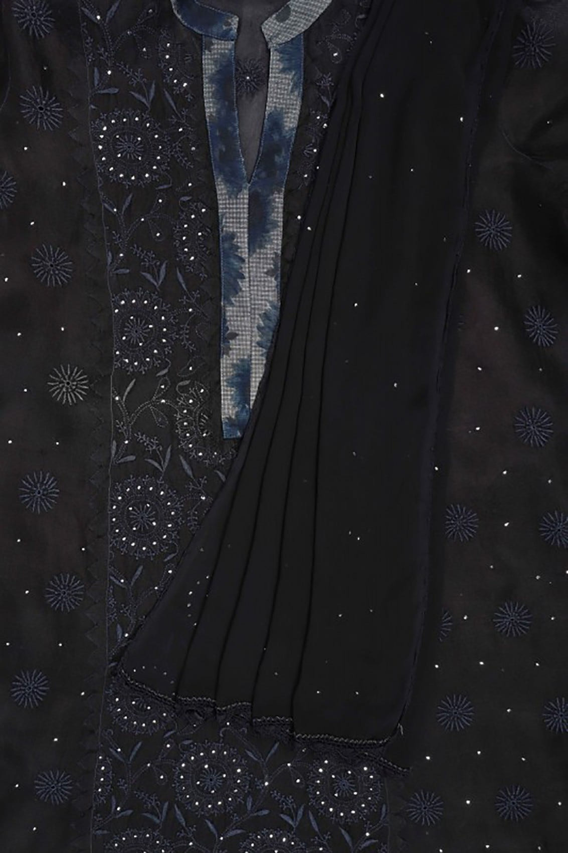 Ada Hand Embroidered Black Tissue Lucknowi Chikankari Unstitched Kurta Dupatta Set With Muqaish Work A606148