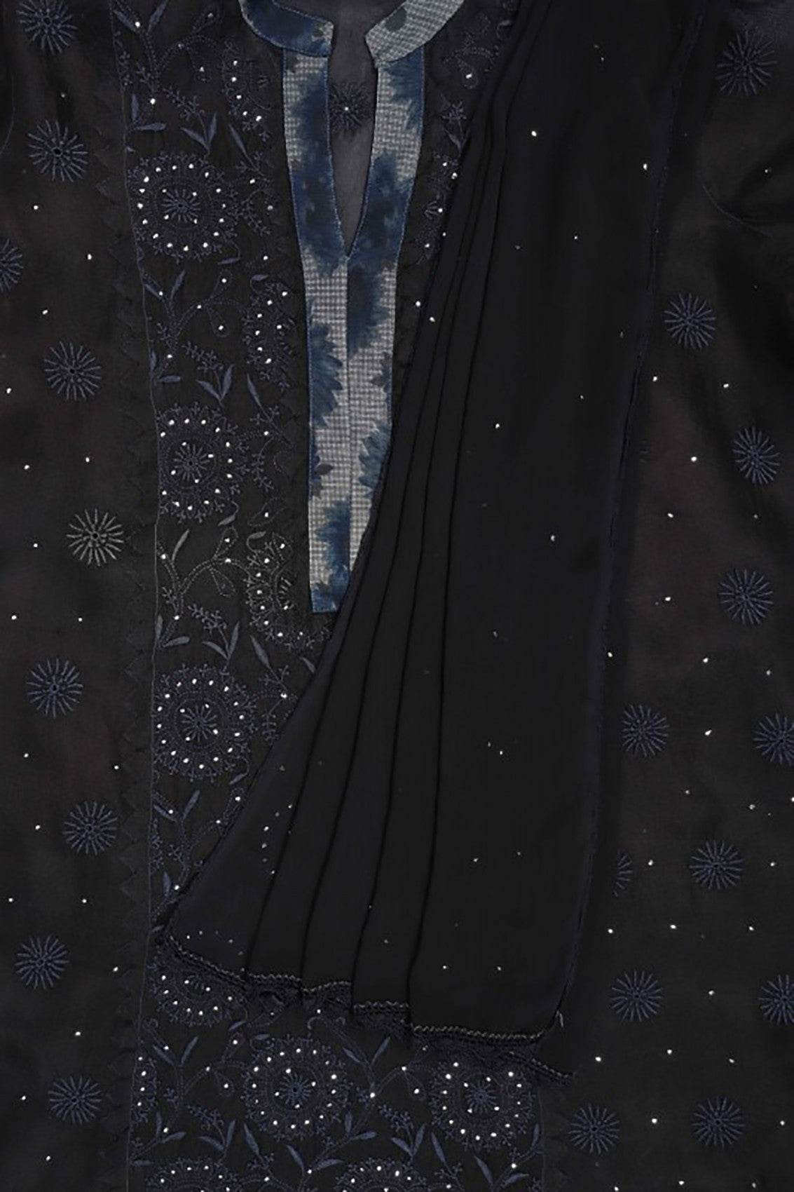 Ada Hand Embroidered Black Tissue Lucknowi Chikankari Unstitched Kurta Dupatta Set With Muqaish Work A606148