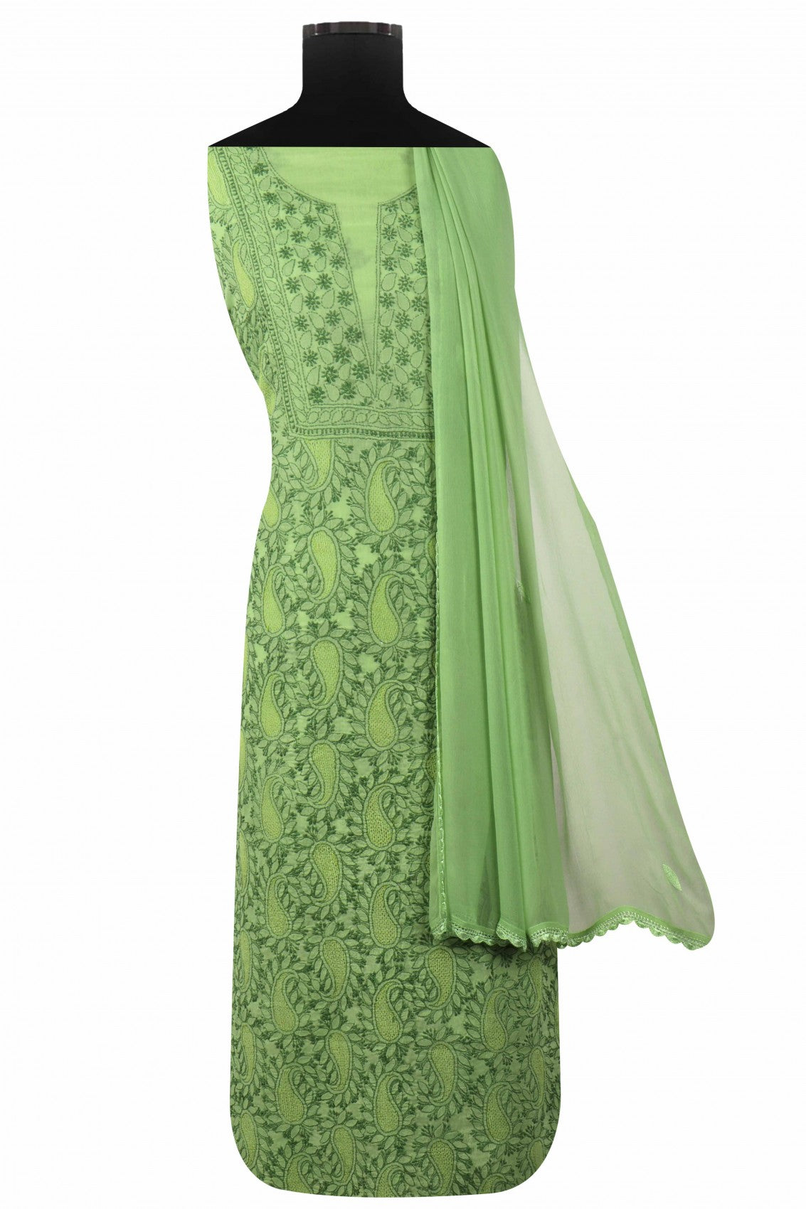 Ada Hand Embroidered Green Cotton Lucknowi Chikankari Unstitched Suit Piece 01A137022