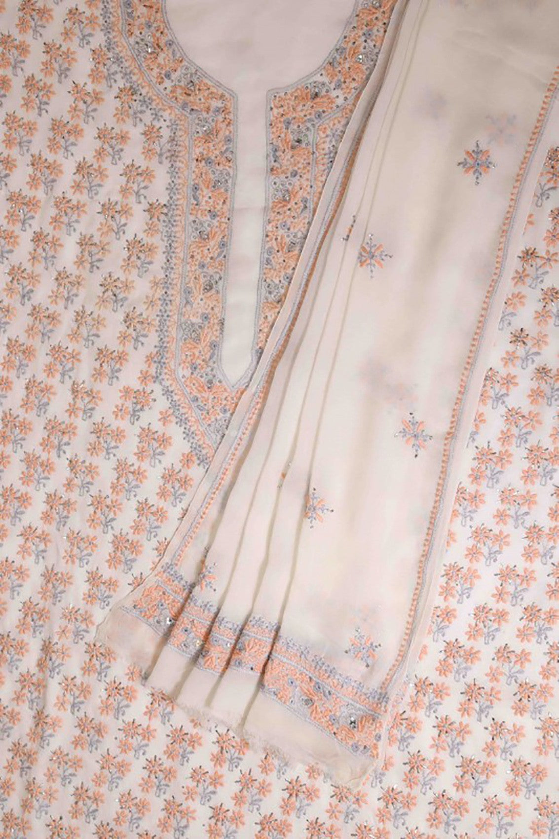 Ada Hand Embroidered Off White Pure Georgette Lucknowi Chikankari Unstitched Kurta Dupatta Set With Muqaish Work A164543