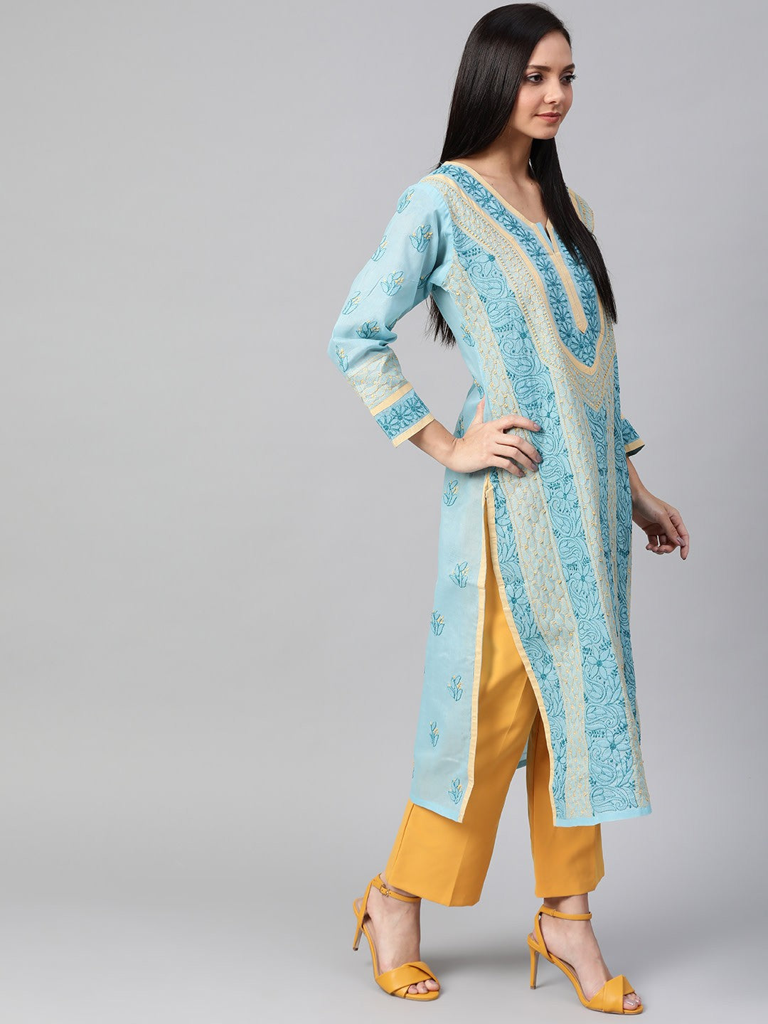 Ada Hand Embroidered Blue Cotton Lucknow Chikan Straight Kurta- A285166