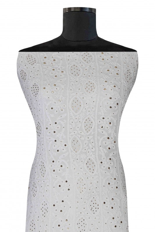 Ada Hand Embroidered White Georgette Lucknowi Chikan Unstitched Kurta Piece with Muqaish Work A370787