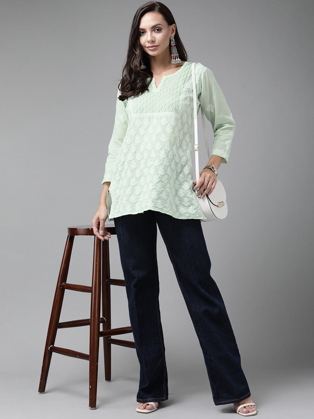 Ada Hand Embroidered Green Cotton Lucknow Chikan Short Kurti A911215