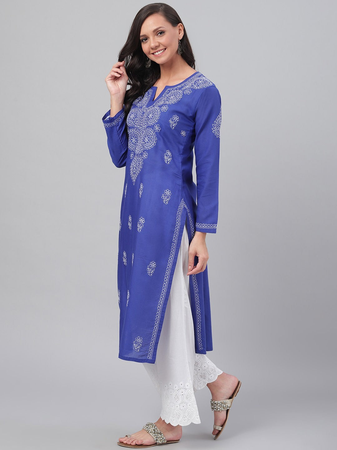 Ada Hand Embroidered Royal Blue Cotton Lucknow Chikan Straight Kurta A100480