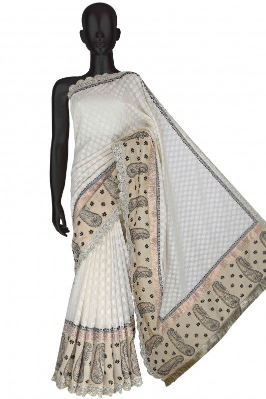Ada Hand Embroidered Cream/Black Chanderi Lucknow Chikan Saree With Blouse- A51690