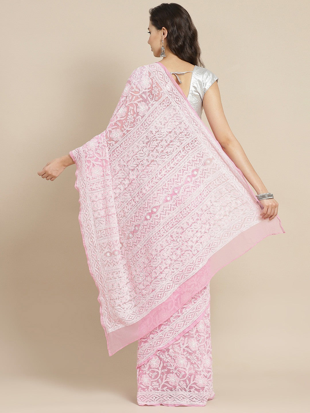 Ada Hand Embroidered Pink Georgette Lucknow Chikan Saree With Blouse A311327