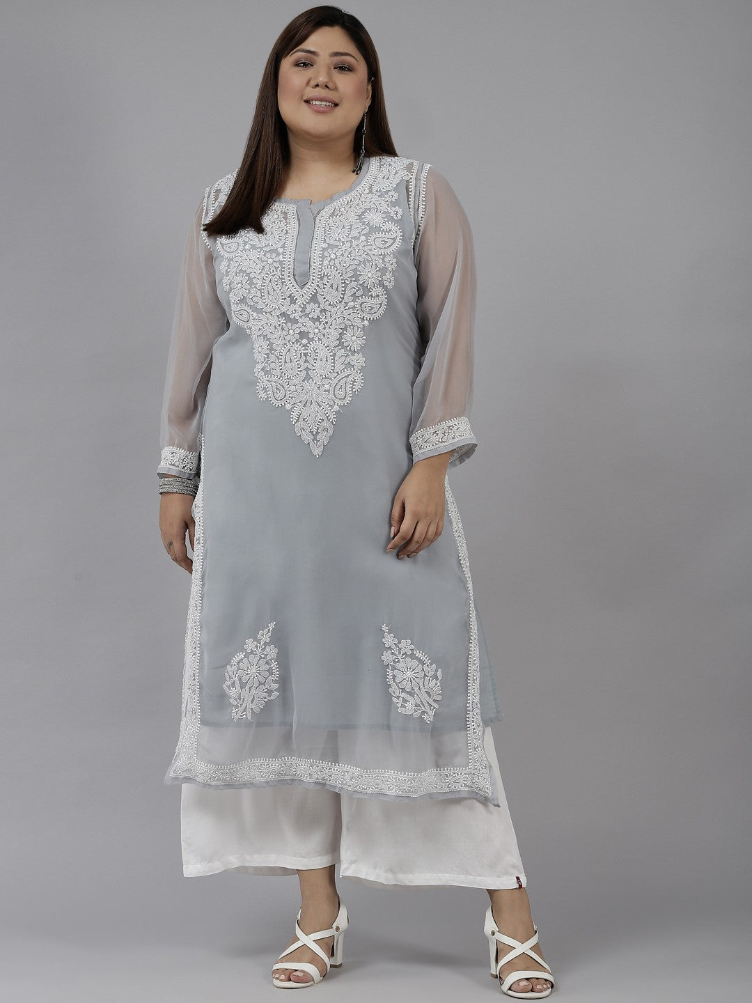 Ada Hand Embroidered Grey Georgette Lucknow Chikan Kurta with Slip A411358