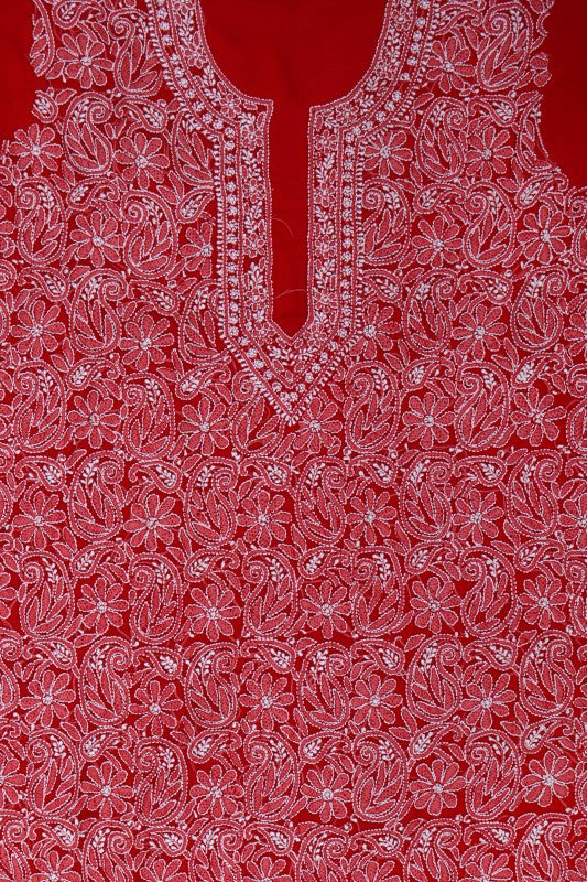 Ada Hand Embroidered Red Georgette Lucknowi Chikan Unstitched Suit Piece A516825
