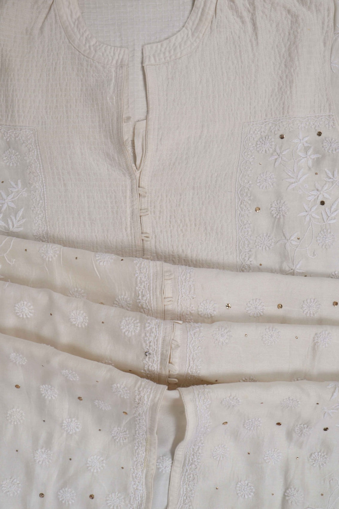 Ada Hand Embroidered Cream Chanderi Lucknowi Chikankari Semi-Stitched Anarkali Kurta Dupatta Set With Muqaish Work A604160