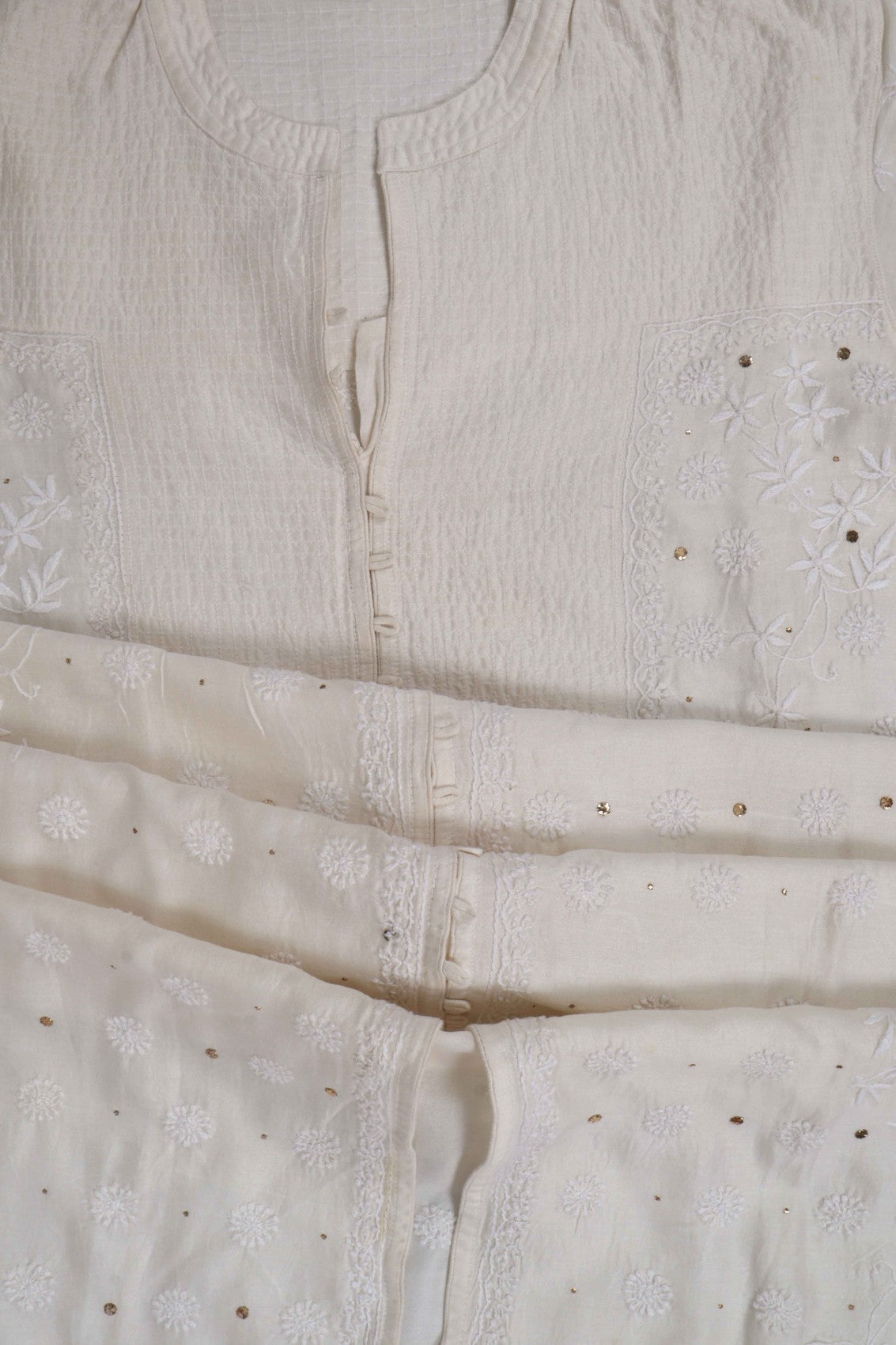 Ada Hand Embroidered Cream Chanderi Lucknowi Chikankari Semi-Stitched Anarkali Kurta Dupatta Set With Muqaish Work A604160