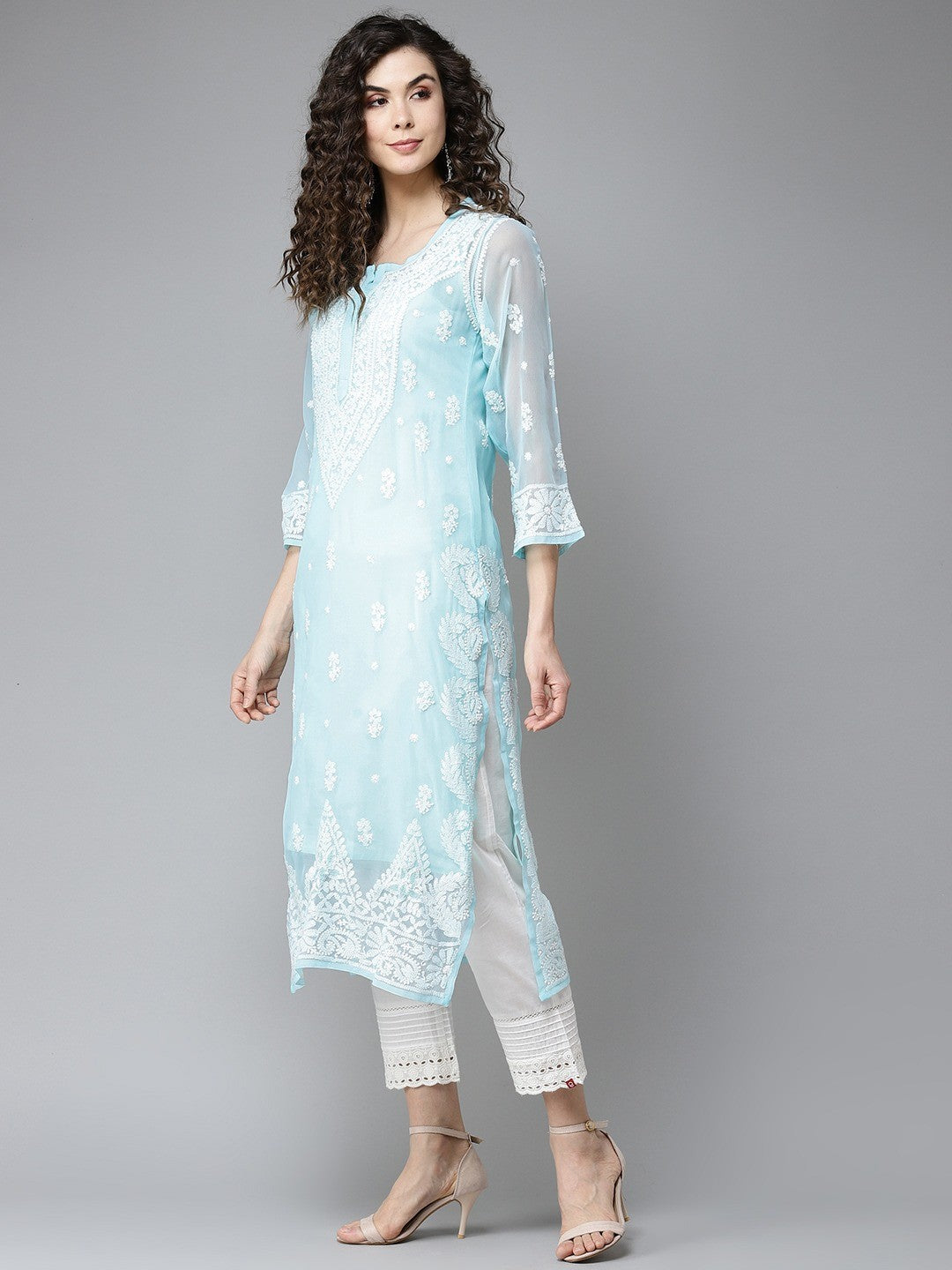 Ada Hand Embroidered Blue Georgette Lucknowi Chikankari Straight Kurta With Slip A411200