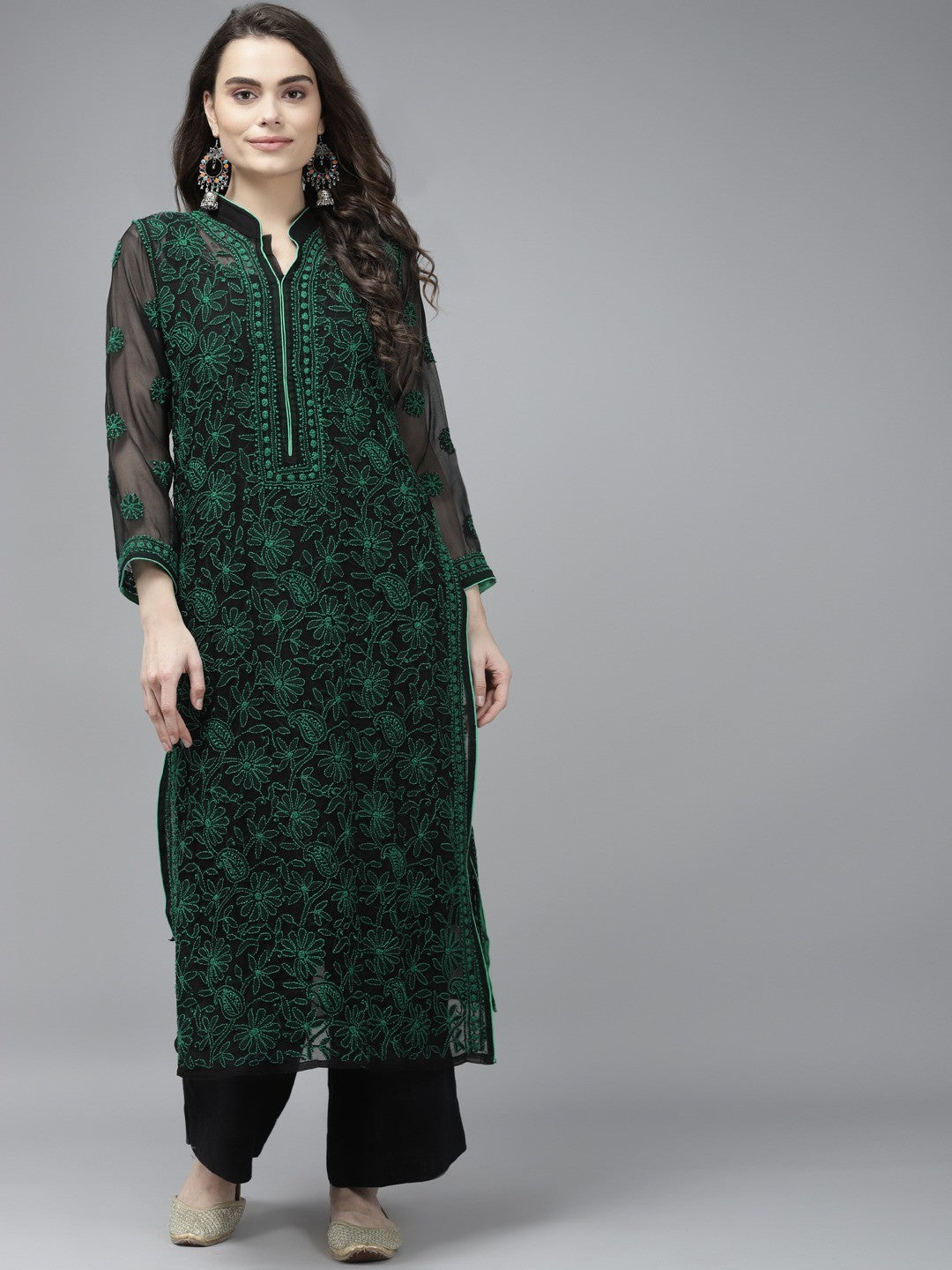 Ada Hand Embroidered Black Georgette Lucknow Chikankari Kurta with Slip A224003
