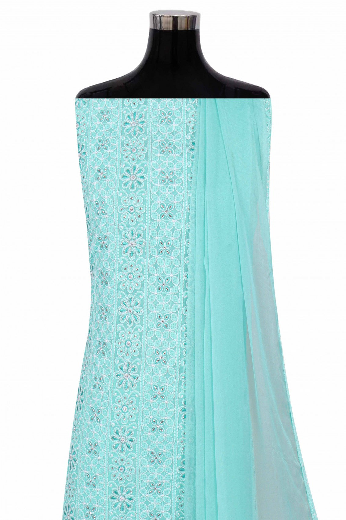 Ada Hand Embroidered Sea Green Cotton Lucknowi Chikankari Unstitched Suit Piece With Silver Lurex 01A220599