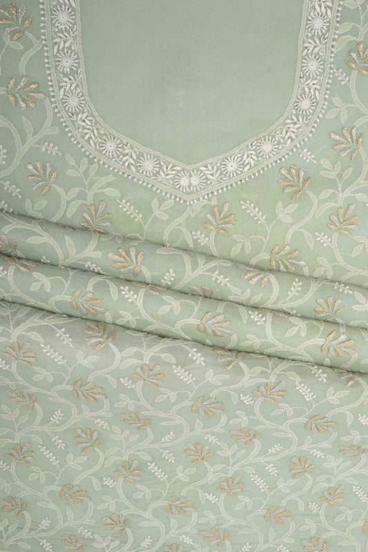 Ada Hand Embroidered Pista Green Organza Lucknowi Chikan Unstitched Kurta Piece With Gota Patti Work A575130