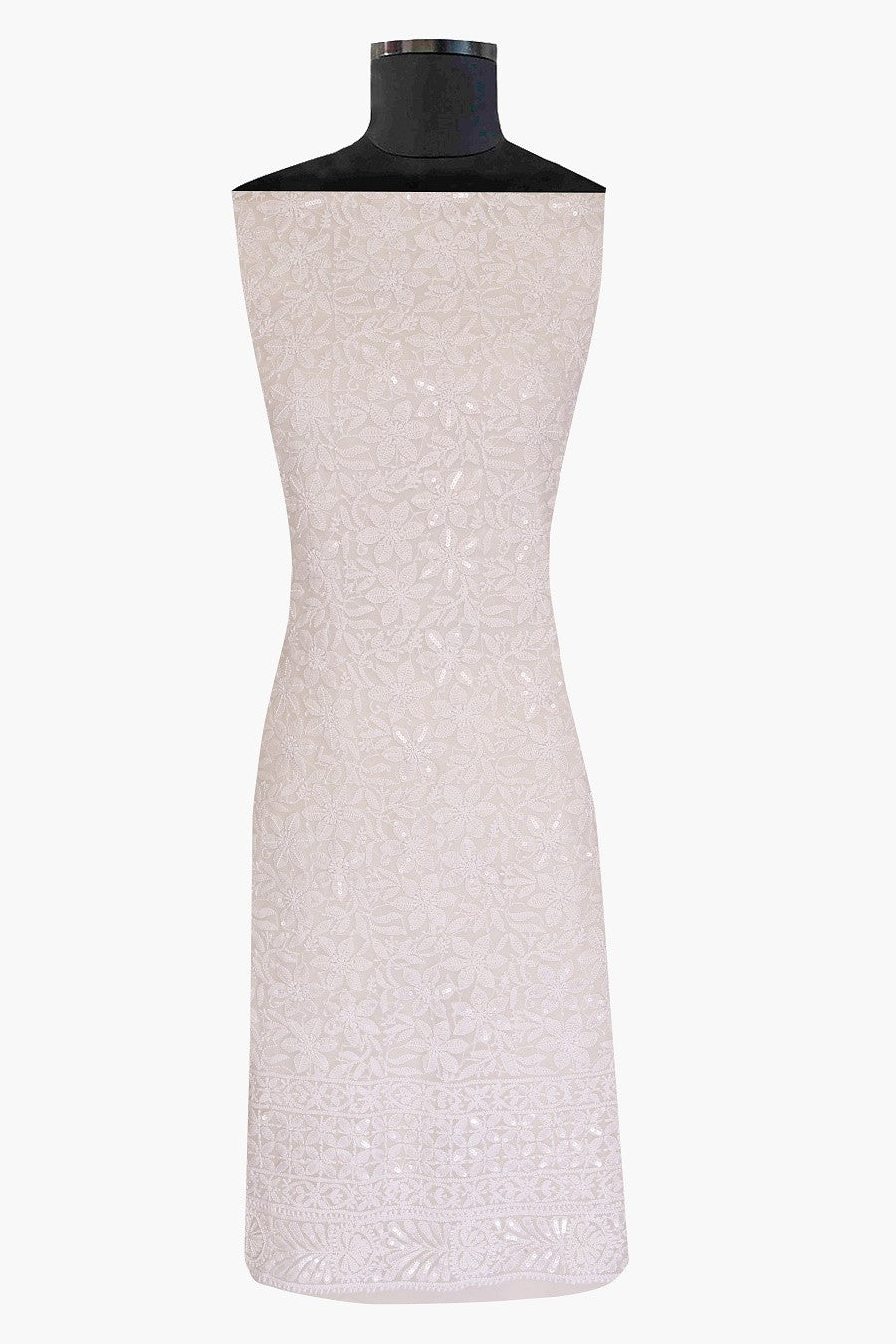 Ada Hand Embroidered White Georgette Lucknowi Chikan Unstitched Kurta Dupatta Set with Pearl & Sequinned A619056