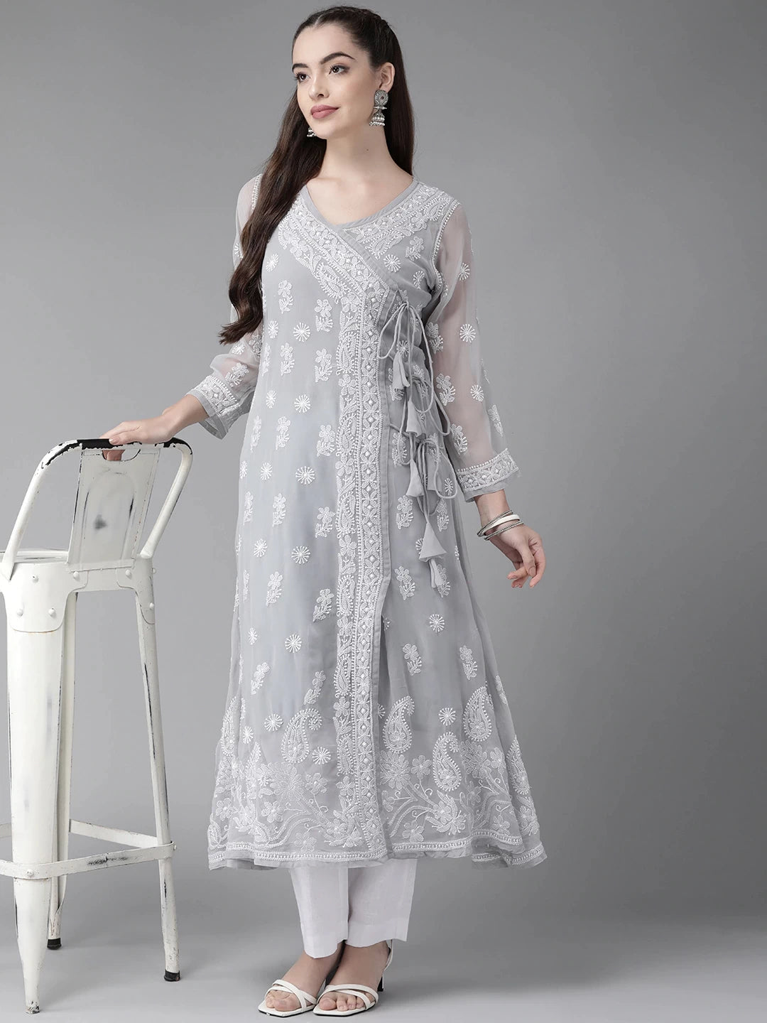 Ada Hand Embroidered Grey Georgette Lucknow Chikankari Angarkha Kurta With Slip -A411262