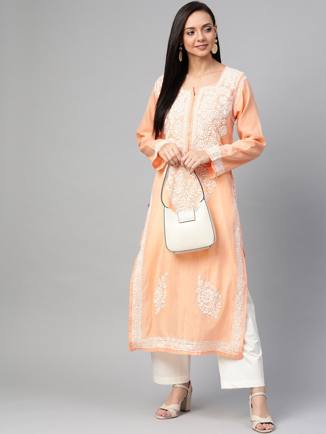 Ada Hand Embroidered Peach Chanderi Lucknowi Chikankari Straight Kurta A100484