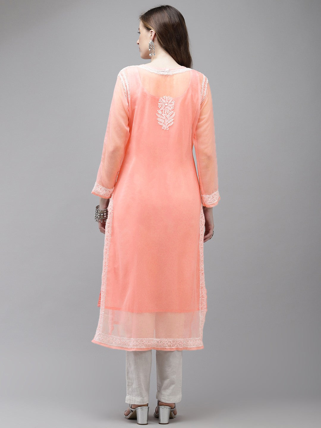 Ada Hand Embroidered Peach Georgette Lucknow Chikan Straight Kurta with Slip A411360