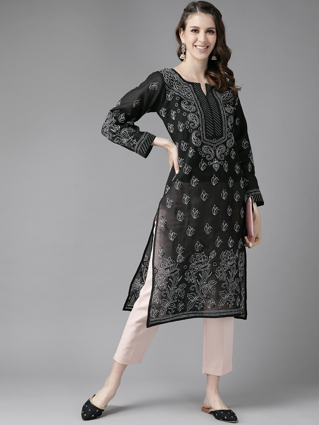 Ada Hand Embroidered Black Cotton Lucknow Chikan Straight Kurta A237205