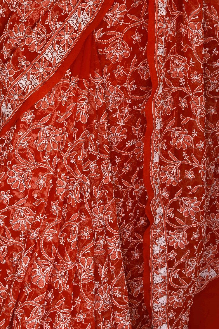 Ada Hand Embroidered Red Georgette Lucknowi Chikankari Saree with Blouse A599654