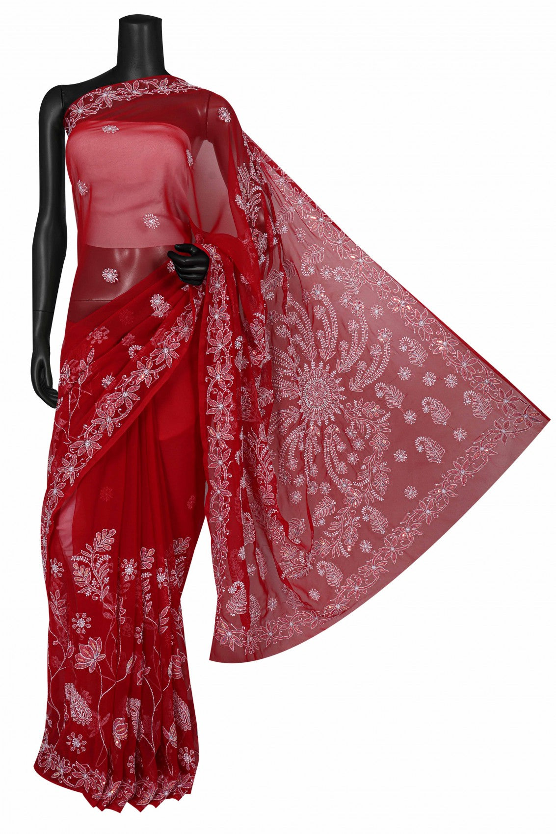 Ada Hand Embroidered Red Georgette Lucknowi Chikankari Saree/Blouse With Cutdana Work 01A194046