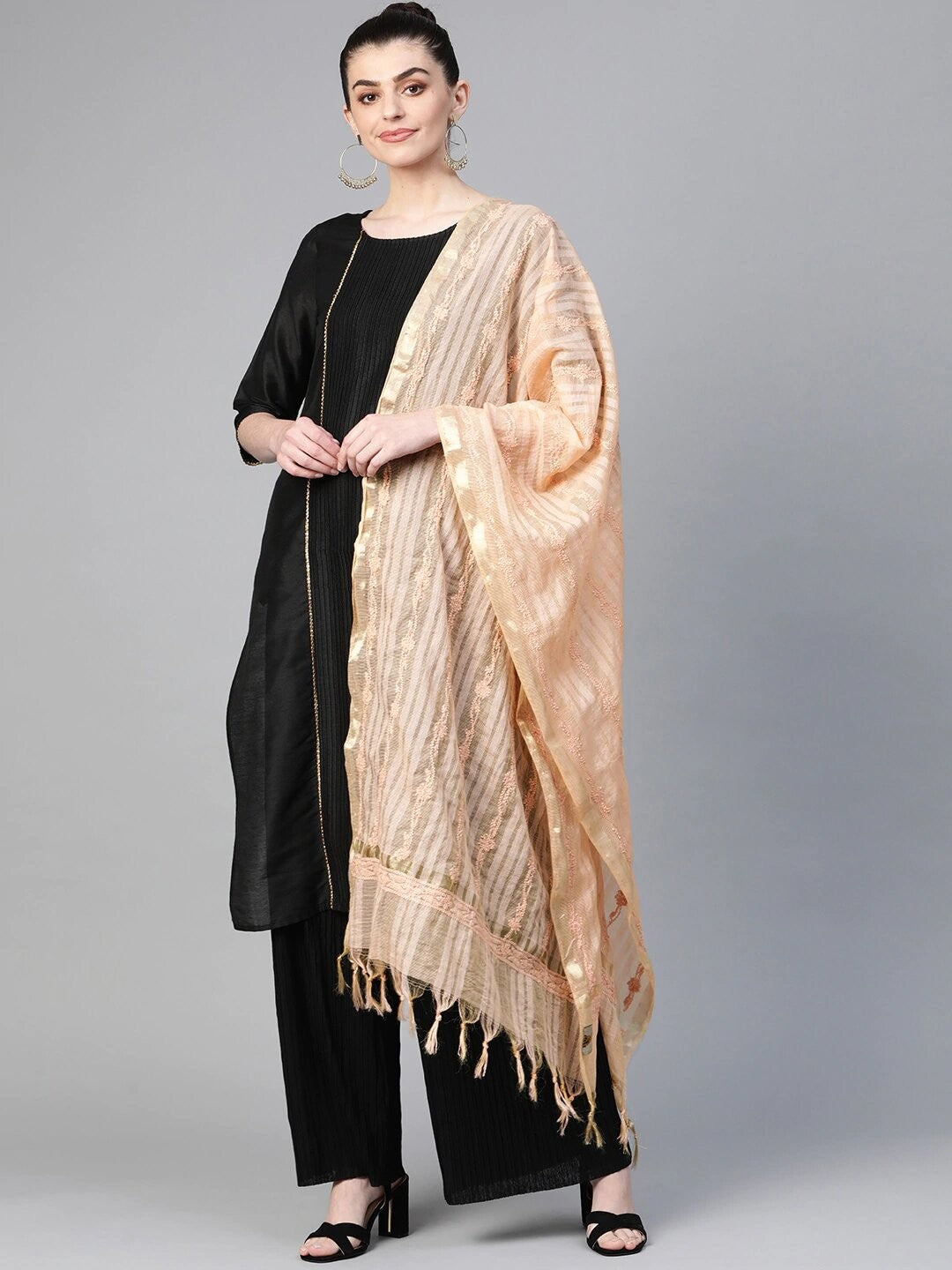 Ada Hand Embroidered Fawn Kota Lucknowi Chikankari Dupatta A511139