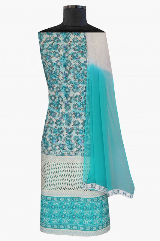 Ada Hand Embroidered Sea Green/Cream Cotton Lucknowi Chikan Unstitched Suit Piece-A478841