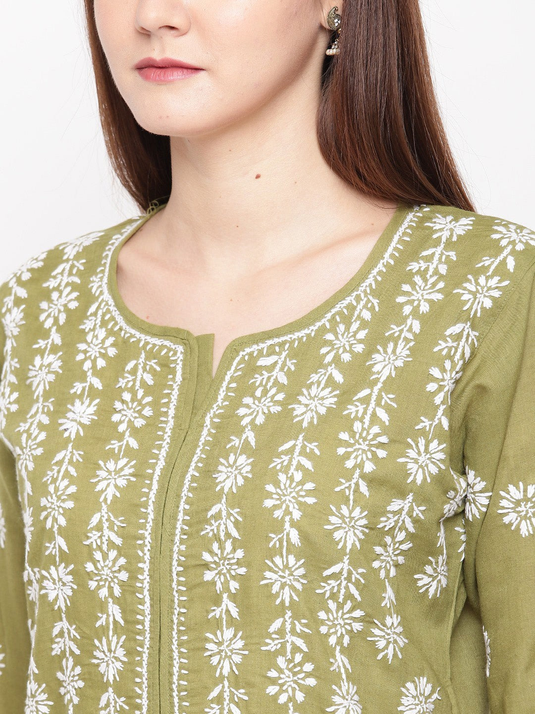 Ada Hand Embroidered Mehndi Green Cotton Lucknow Chikankari Straight Kurta - A100293