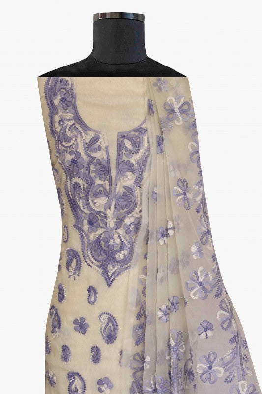 Ada Hand Embroidered Cream Organza Lucknowi Chikan Unstitched Kurta Dupatta Set -A586569