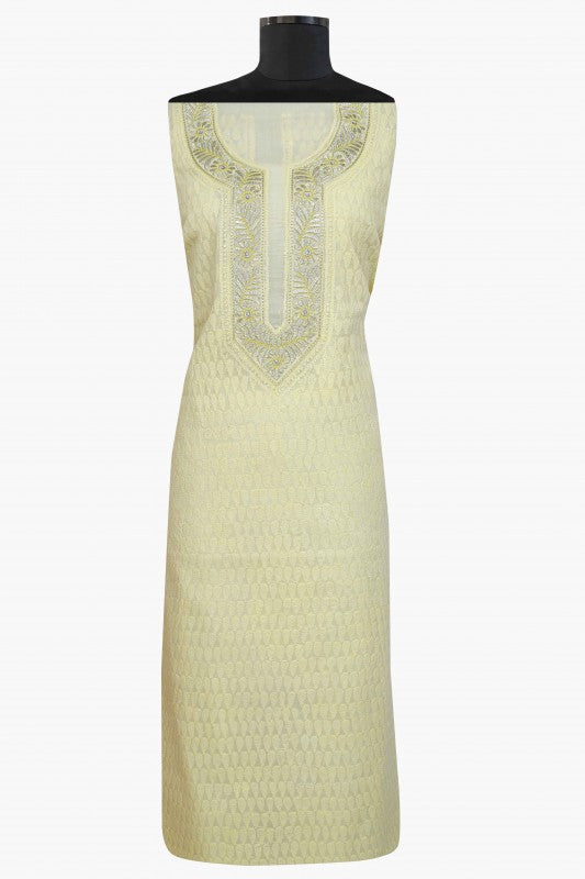 Ada Hand Embroidered Lemon Cotton Lucknowi Chikan Unstitched Suit Piece–A100185